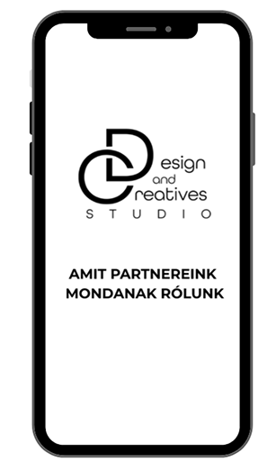 Telefon mockup a Design and Creatives Studio logójával és az Amit partnereink mondanak rólunk felirattal